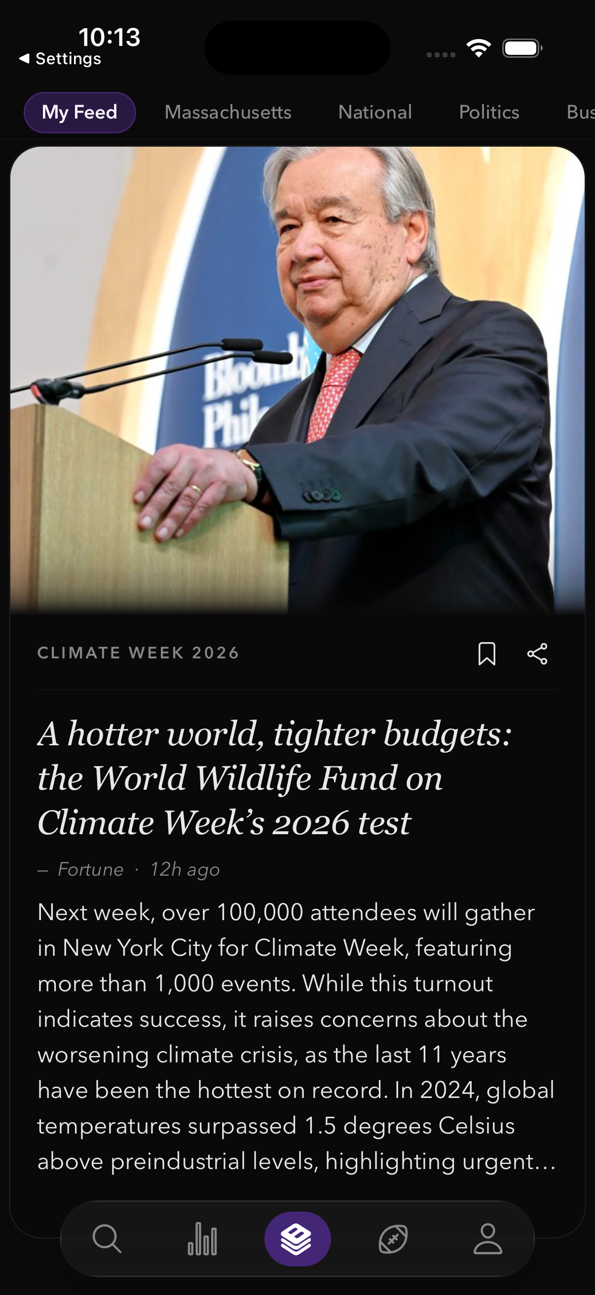 Briefed. app in dark mode: My Feed, a news story with source and summary, save and share icons, and the floating navigation bar.